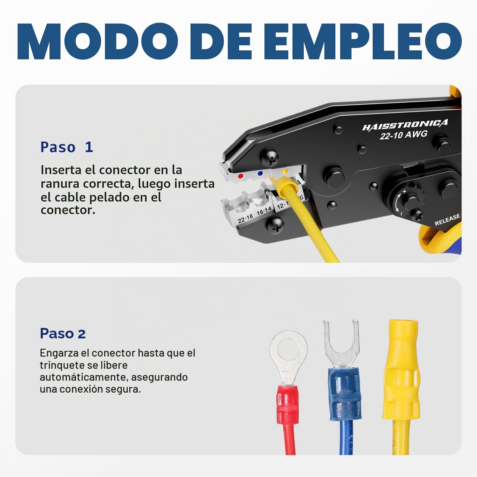 Haisstronica Crimpadora para Terminales Aislados 0,5–6 mm² (AWG22–10), Herramienta de Carraca para Terminales en Anillo Aislados, Conectores de Cable y Empalmes, Alicate de Terminales con Carraca