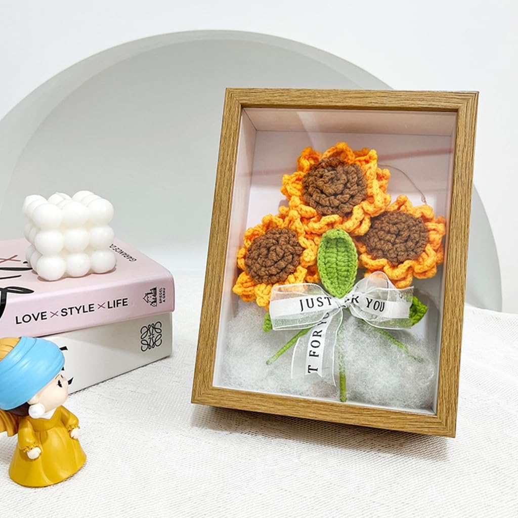 Wood Photo Frame Crochet Sunflower Knitted Bouquet Gift Accessory Household for Indoor Outdoor Garden Yard Supplies