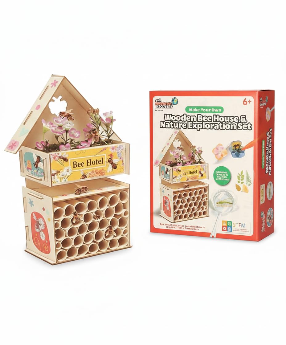 A2Z 4 Kids Make Your Own Wooden Bee House Kit DIY Bee Hotel Nature Exploration STEM Craft Set with Wooden Pieces Tubes & Stickers Garden Wildlife Activity Gift for Boys & Girls for Children 6+