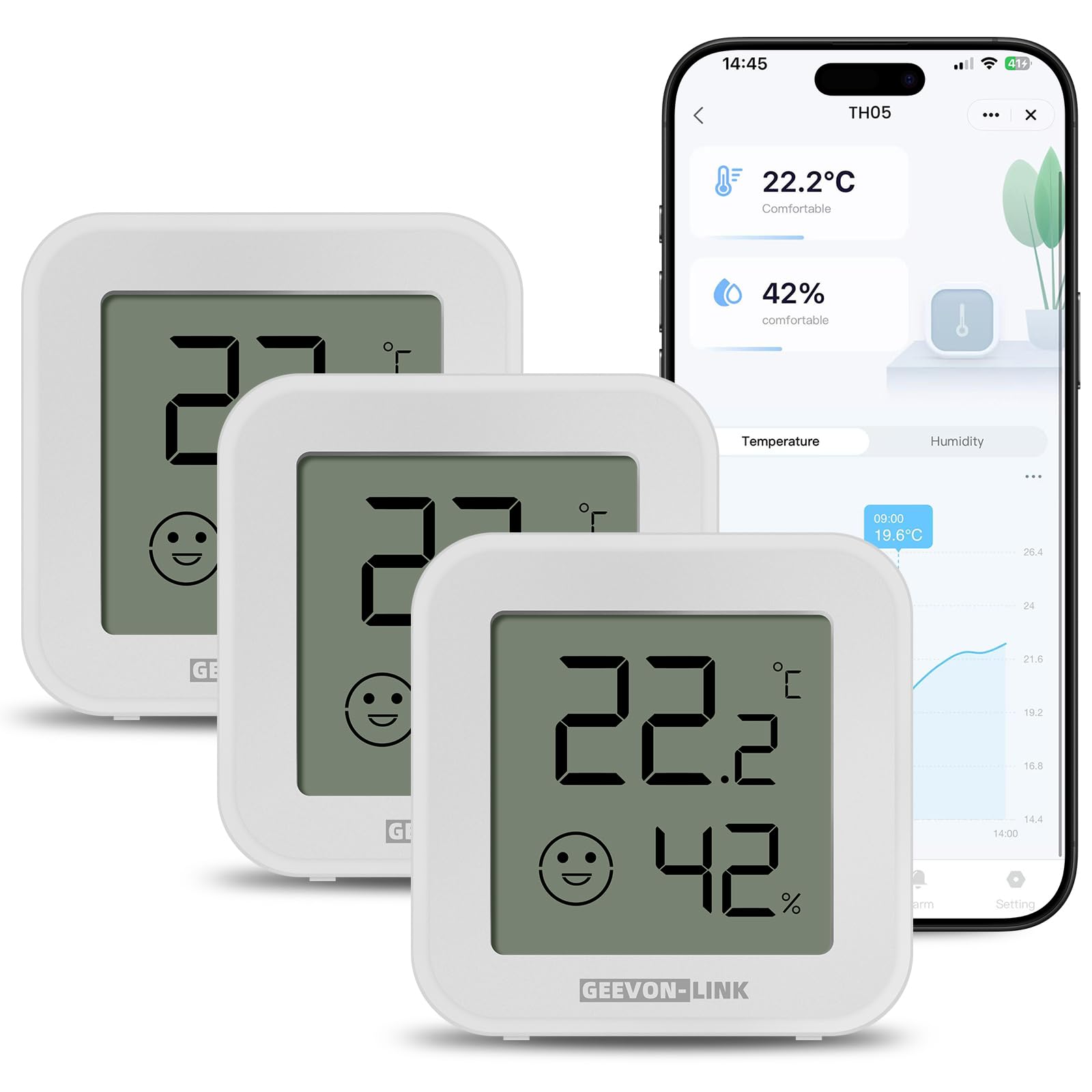 Bluetooth Thermometer Hygrometer, Innentemperatur Luftfeuchtigkeitssensor mit Elektronischer Tintenanzeige, App-Benachrichtigungsalarm, Kostenloser Datenspeicherexport, digitaler