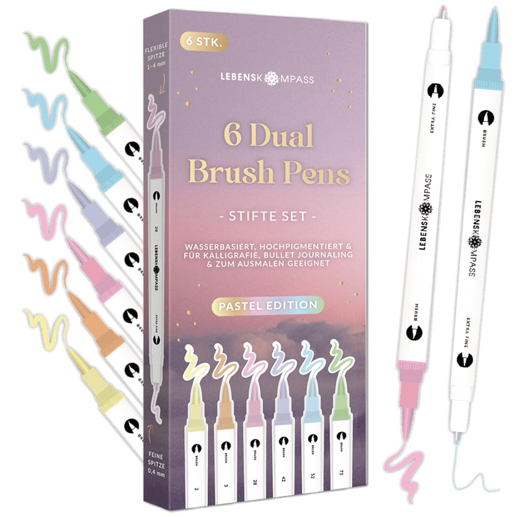 LEBENSKOMPASS® Brush Pen Set Pastel - 6 Pinselstifte in sanften Pastelltönen – Brushpens für Handlettering, Ausmalen & Bullet Journal - Dual Tip Stifte mit feiner & flexibler Spitze