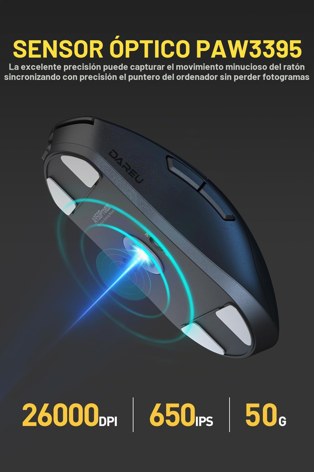 DAREU A950pro Raton inalambrico Gaming 4K 55 g, Ultraligero, tasa de sondeo de 4 KHz, Sensor óptico PAW3395, 26K dpi, 5 Botones programables, soporta Carga rápida de 15 Minutos y conexión de