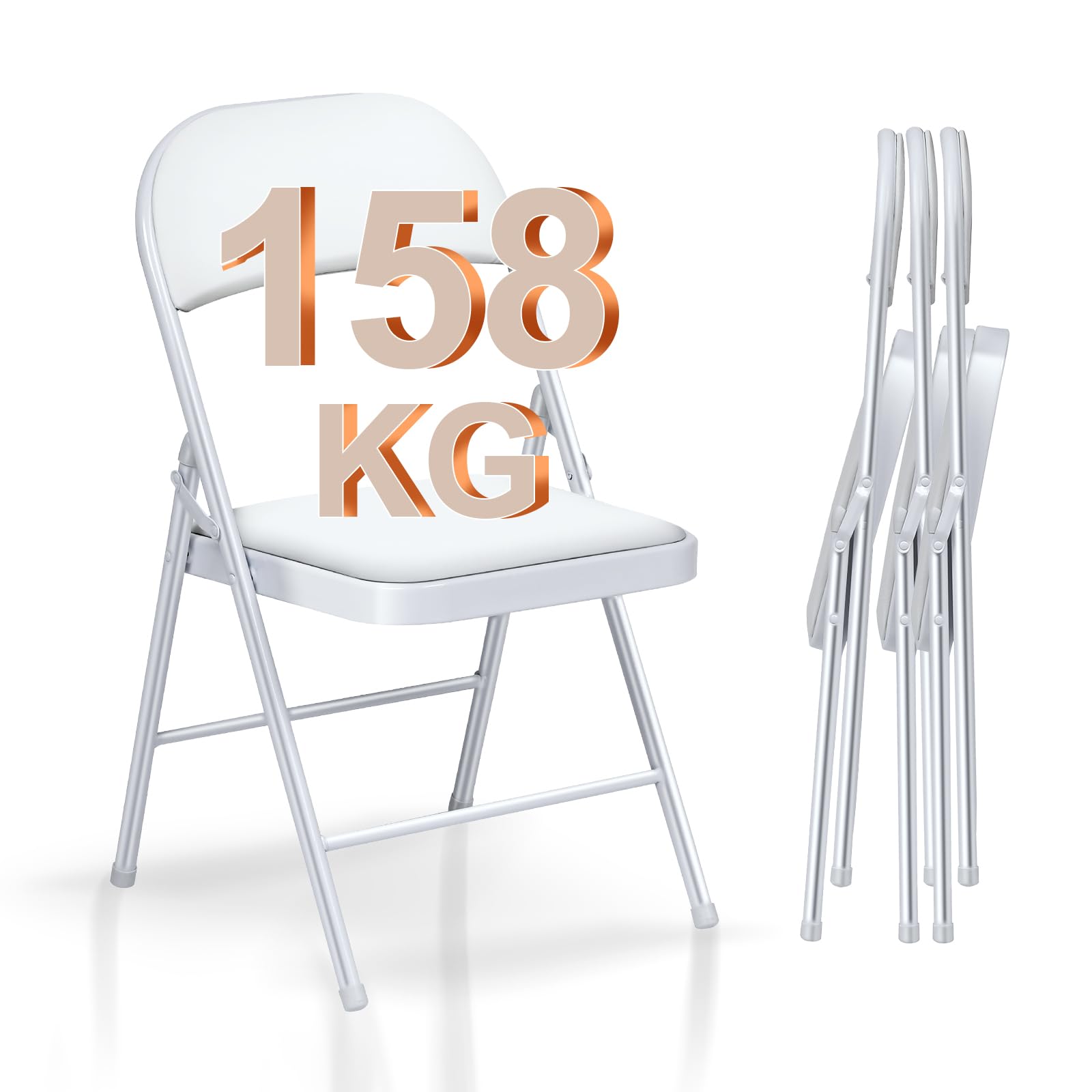 Pack de 4 Sillas Plegables Acolchadas - Asiento Auxiliar para el Hogar y Oficina - Ideal para Cocina, Comedor, Salón, Dormitorio - Sillas Jardín Blanco