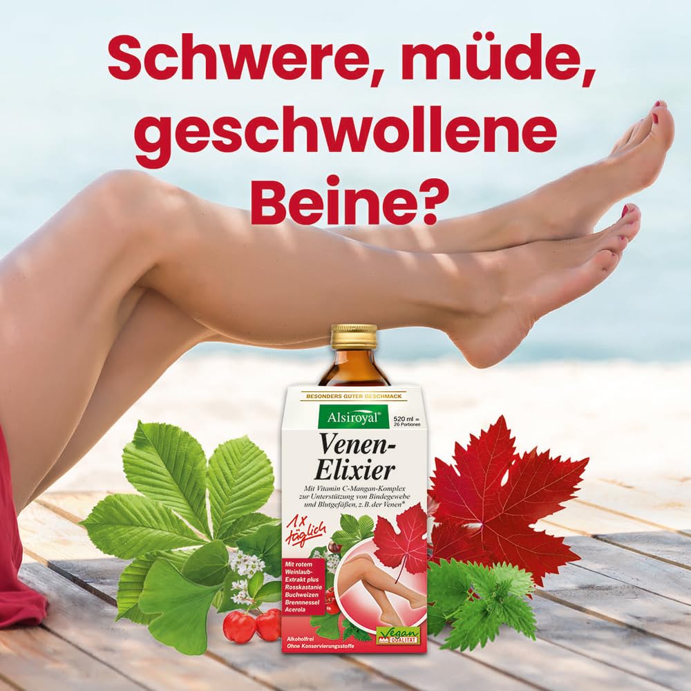 Alsiroyal Venen-Elixier – 22% Agavendicksaft - Rotes Weinlaub‐Extrakt, Vitamin C, Mangan & Magnesium – Unterstützt gesunde Venen, Bindegewebe & Durchblutung – Nahrungsergänzung