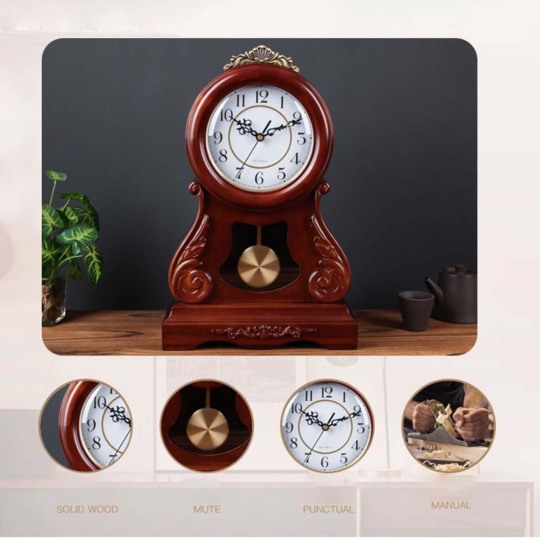 Reloj de repisa de Madera con péndulo - Reloj de Mesa mecánico Tradicional de Madera marrón for decoración del hogar inauguración de la casa o cumpleaños for la Sala de Estar o la