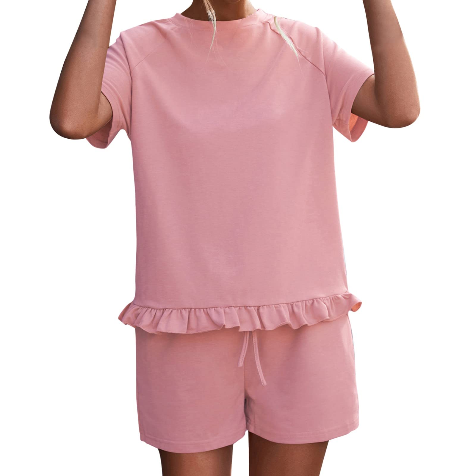 LFKERWMGWomen's Spring And Summer Pure Color Round Leaf Edge Short Sleeved Shorts Casual Suit