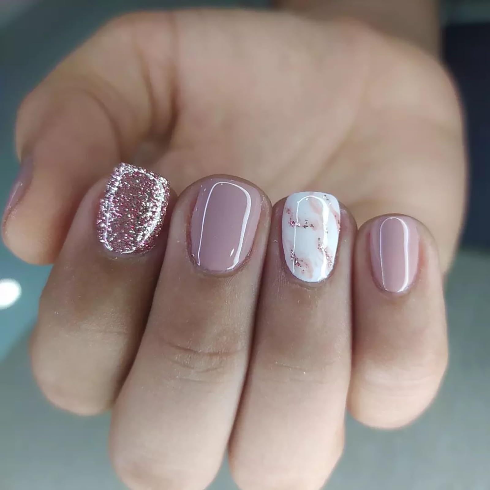 Short Square Press on Nails Pink Fake Nails Full Cover Sliver Glitter False Nails with White Pink Marble Designs Glossy Glue on Nails Petite Acrylic