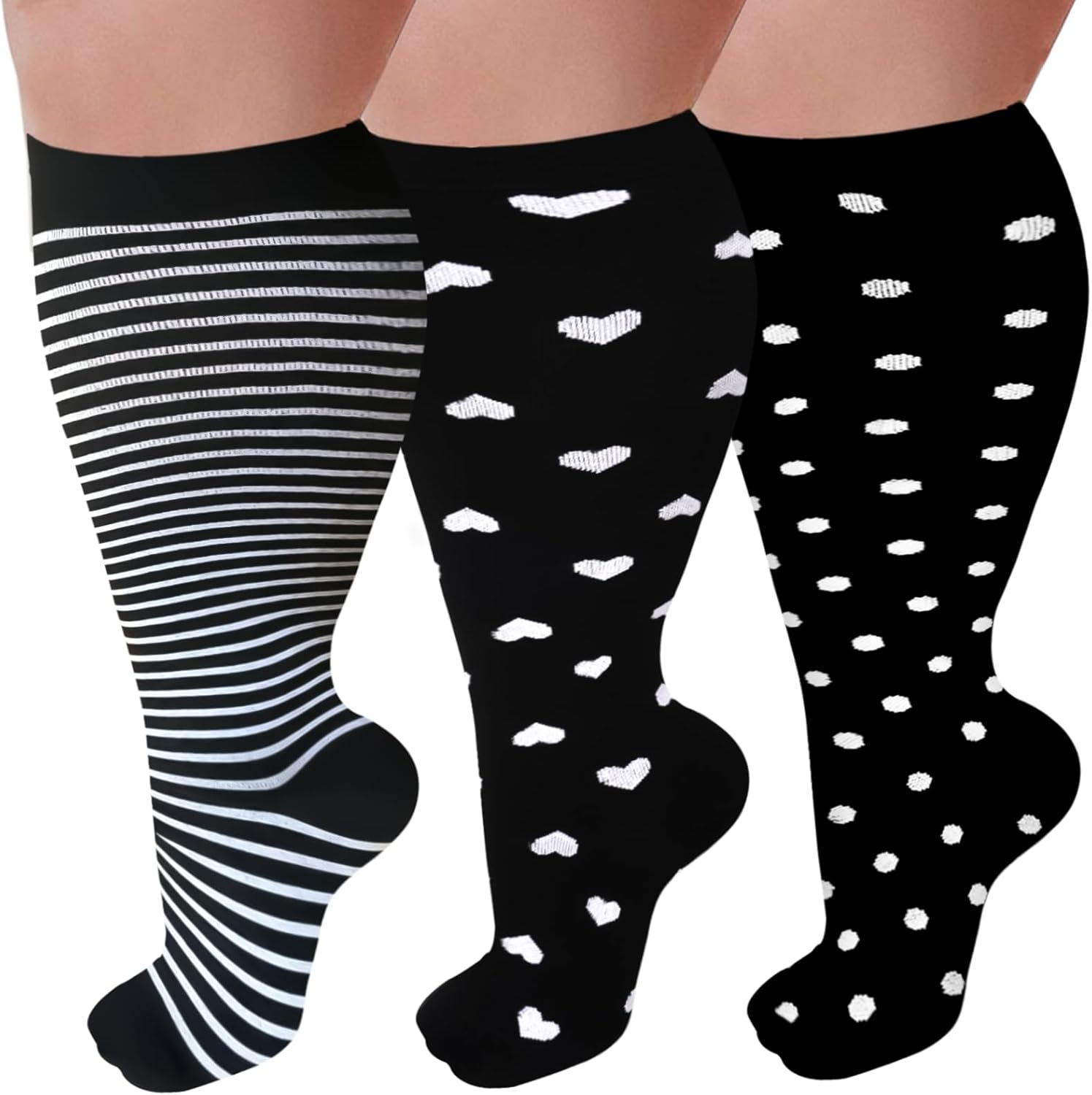 3 Pairs Plus Size Compression Socks for Women and Men Wide Calf 20-30mmhg Extra Large Knee High Support for Circulation