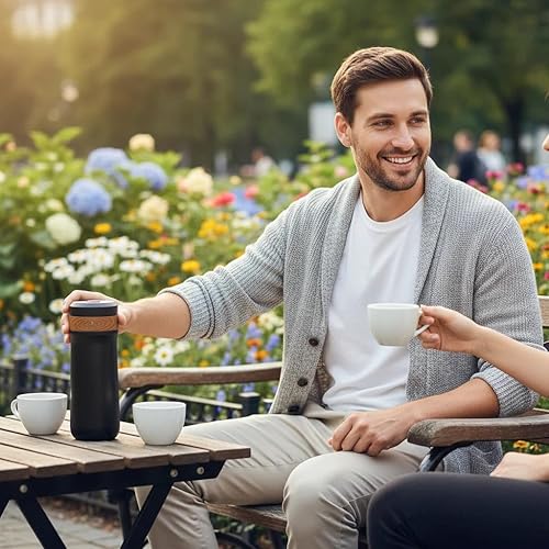 Miniatura 9 de Cafetera de prensa francesa portátil, cafetera francesa de viaje, taza de café de acero inoxidable, 12 onzas, ideal para acampar y viajar