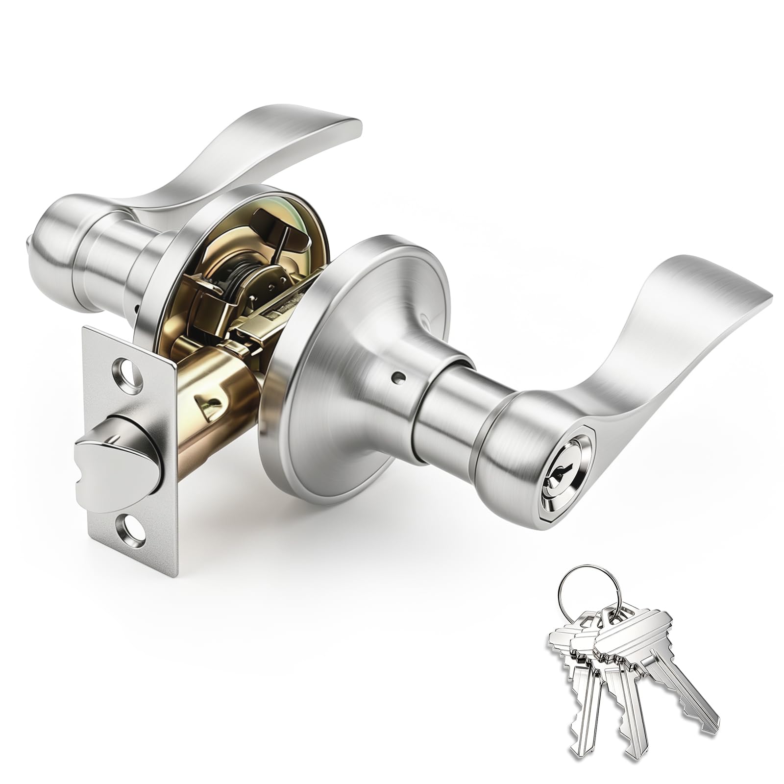 Brotima Entry Door Handle Set with Adjustable Latch,Reversible Front Door Lever Fits 60/70mm Backset 35-45mm Door Thickness,Keyed Security Lock for Entrance Doors