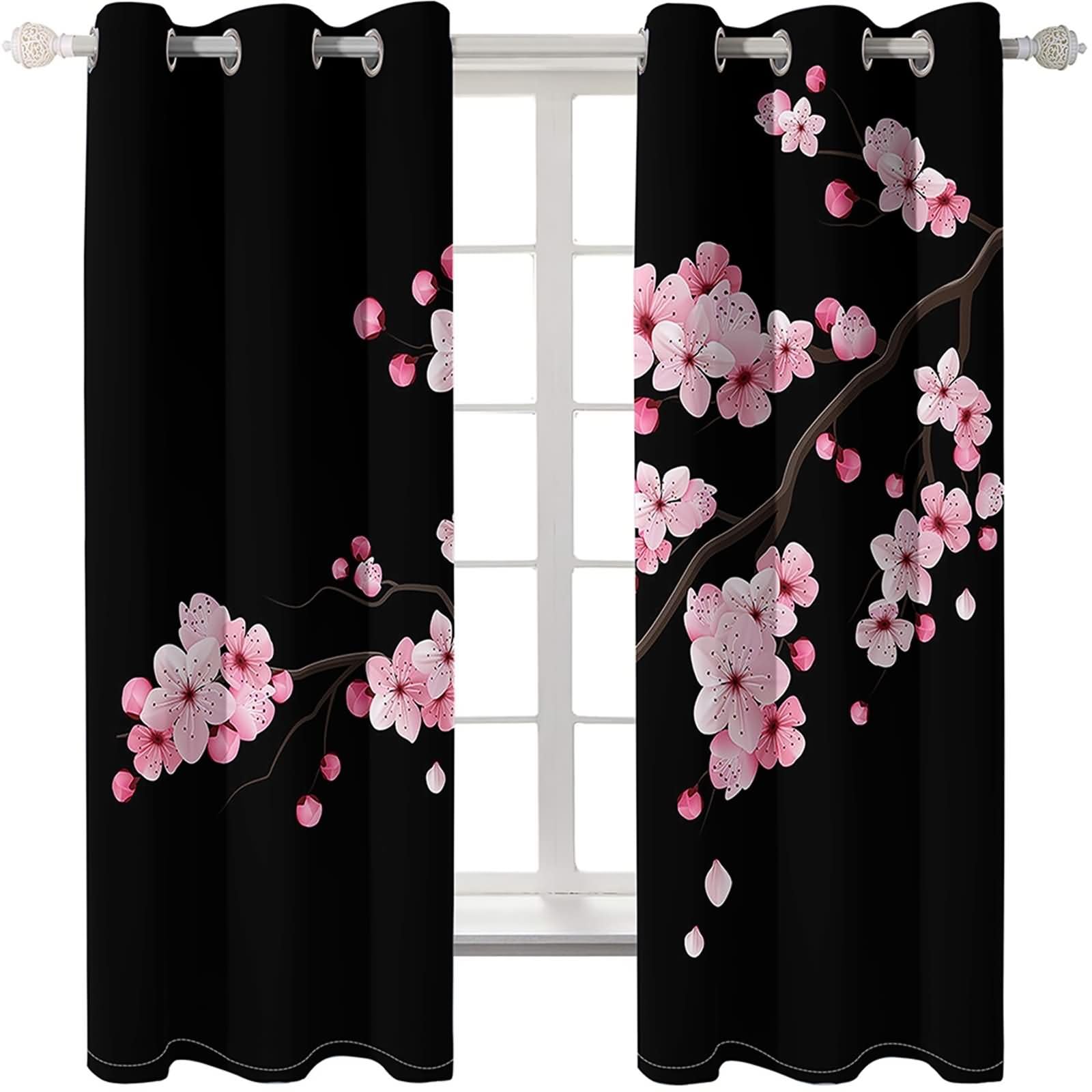 Lot de 2 Rideau Occultant Chambre Enfant,2 x 96W x 138H CM,Rideau avec Oeillets Motifs de Branches de Fleurs Rideaux Rose Noire Moderne Balcon