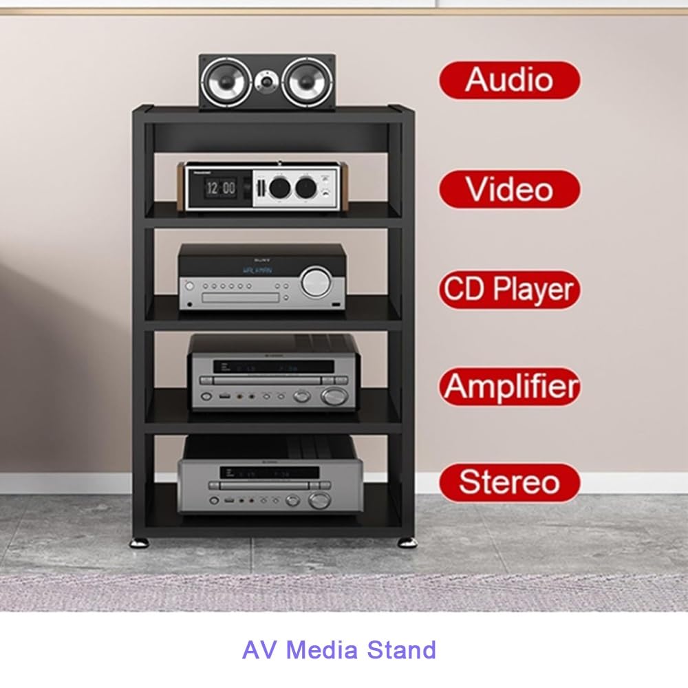 3 4 5 Livelli Mobile Componenti Stereo, HiFi Rack Audio AV Tower Media Stand, Rack Amplificatore Supporto Per Giradischi, Regolabile Mobiletto Portaoggetti, Legno & Metallo(Black,3 Tier-50X40X4