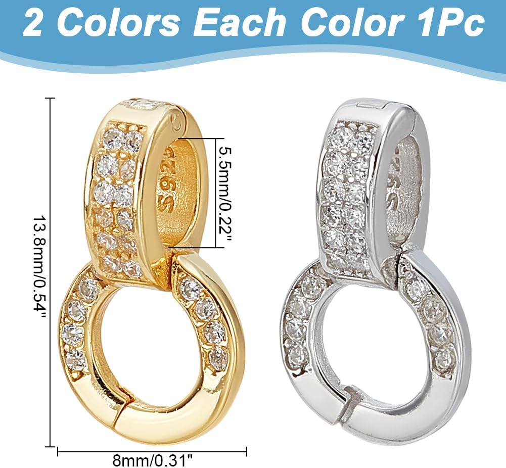 Arricraft 2 Pcs Sterling Silver Double Bail Clasps, 2 Colors Micro Pave Cubic Zirconia Fold Over Twister Clasps for Jewelry Making, 13.8mm Long, 8mm Wide, 5.5mm Thick - Image 2
