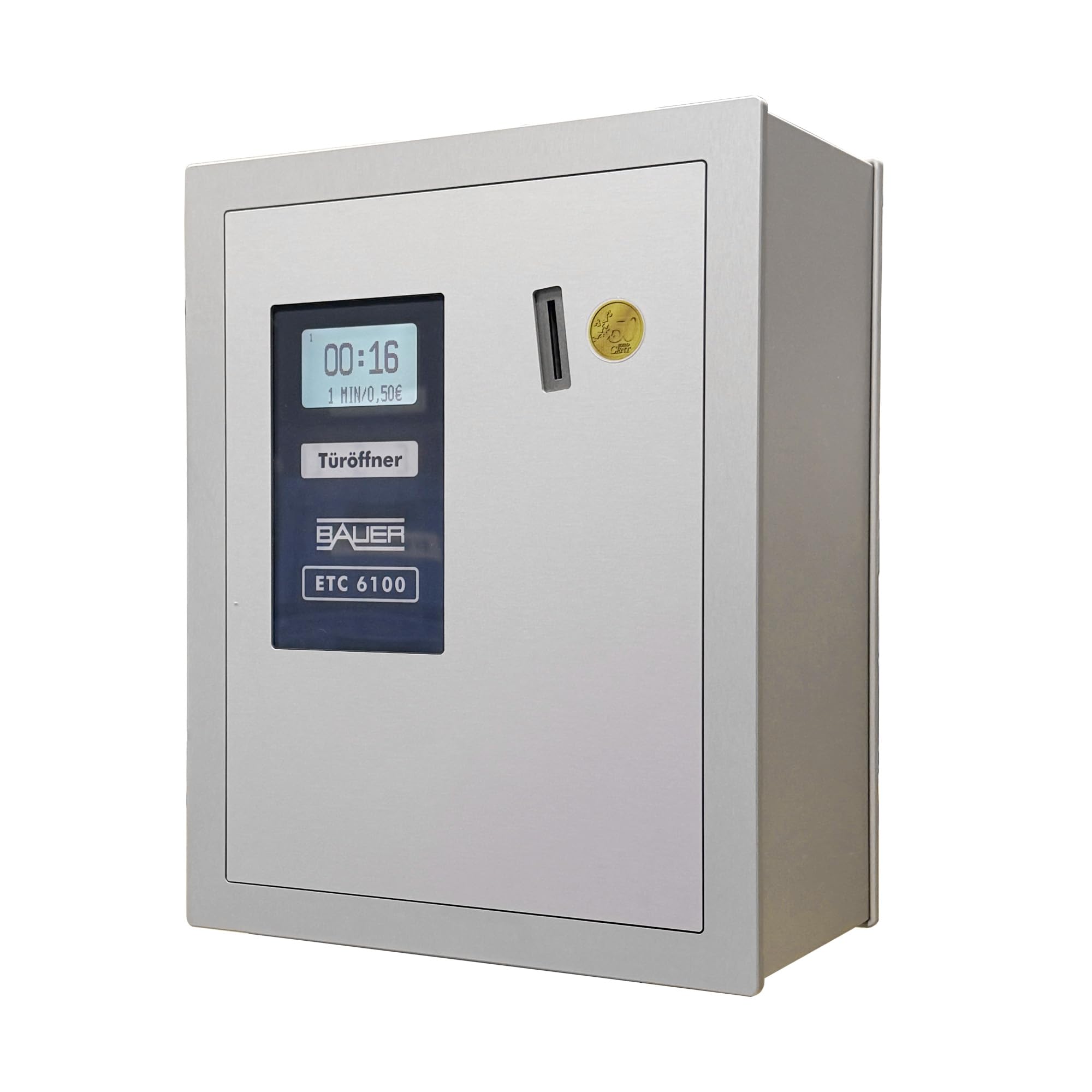 Bauer Münzzeitzähler ETC 6100 – 230V, Münzeinwurf 50 Cent, mit Türöffner – Programmierbarer Münzautomat für Zeitabrechnung, Solarium, Sauna & Waschsalon