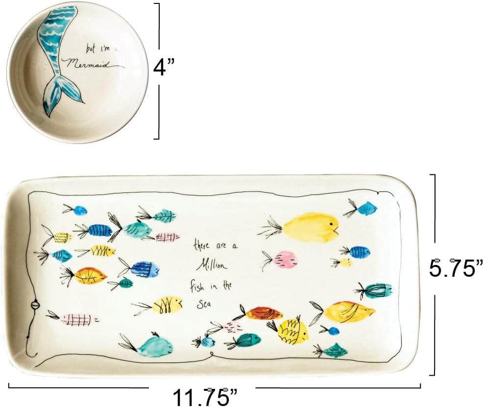 Creative Co-Op Coastal Rectangle Stoneware Platter with Dish, Mermaid, and Sea life Illustrations, Multicolor