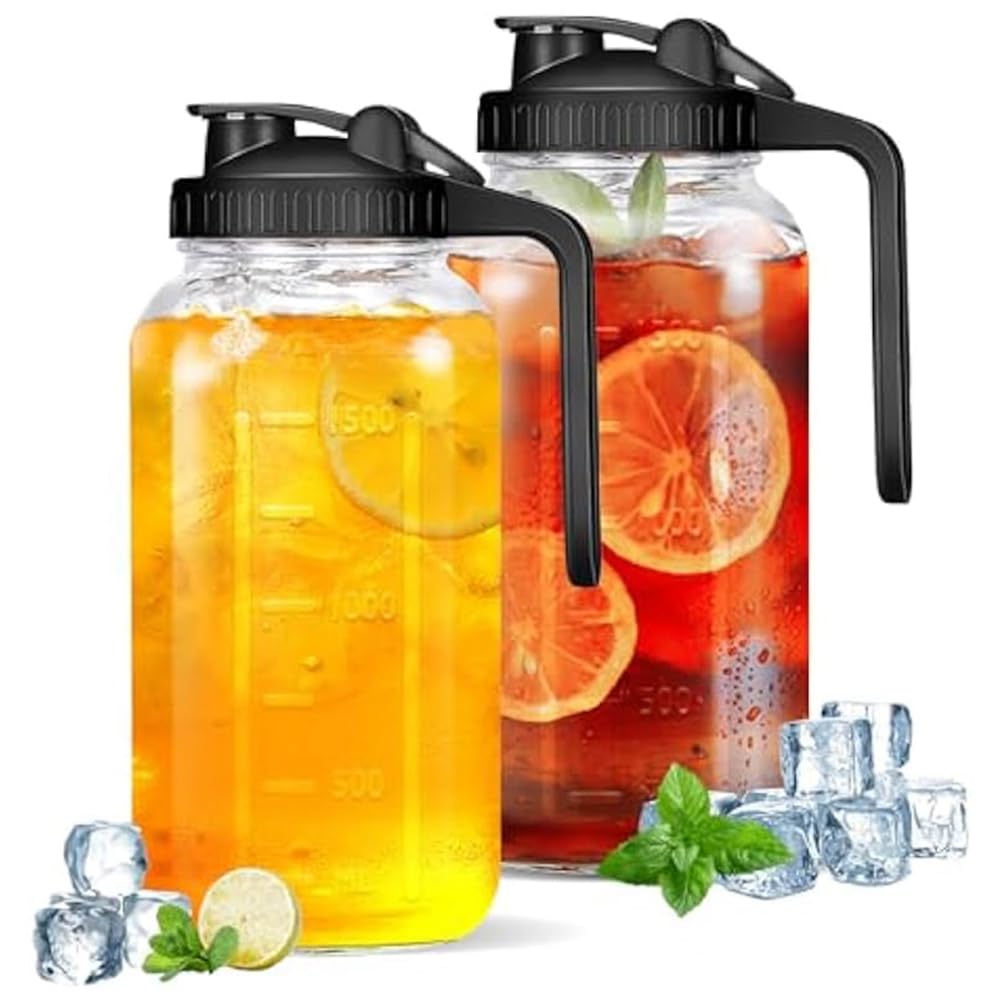 CTRLZS Glass Pitcher with Lid-2pcs Wide Mouth Jar Pitcher,64OZ Leak-Proof Water,Breastmilk Pitcher with Pour Spout Lids