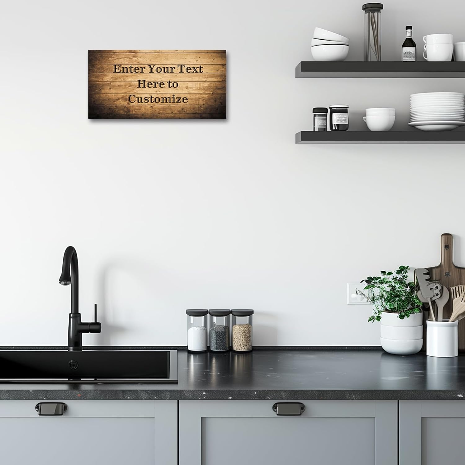 Personalized Wall Sign Custom Family Quote Sign Canvas Prints Text on Wooden Background Artwork Home Decor Framed (24"x8")