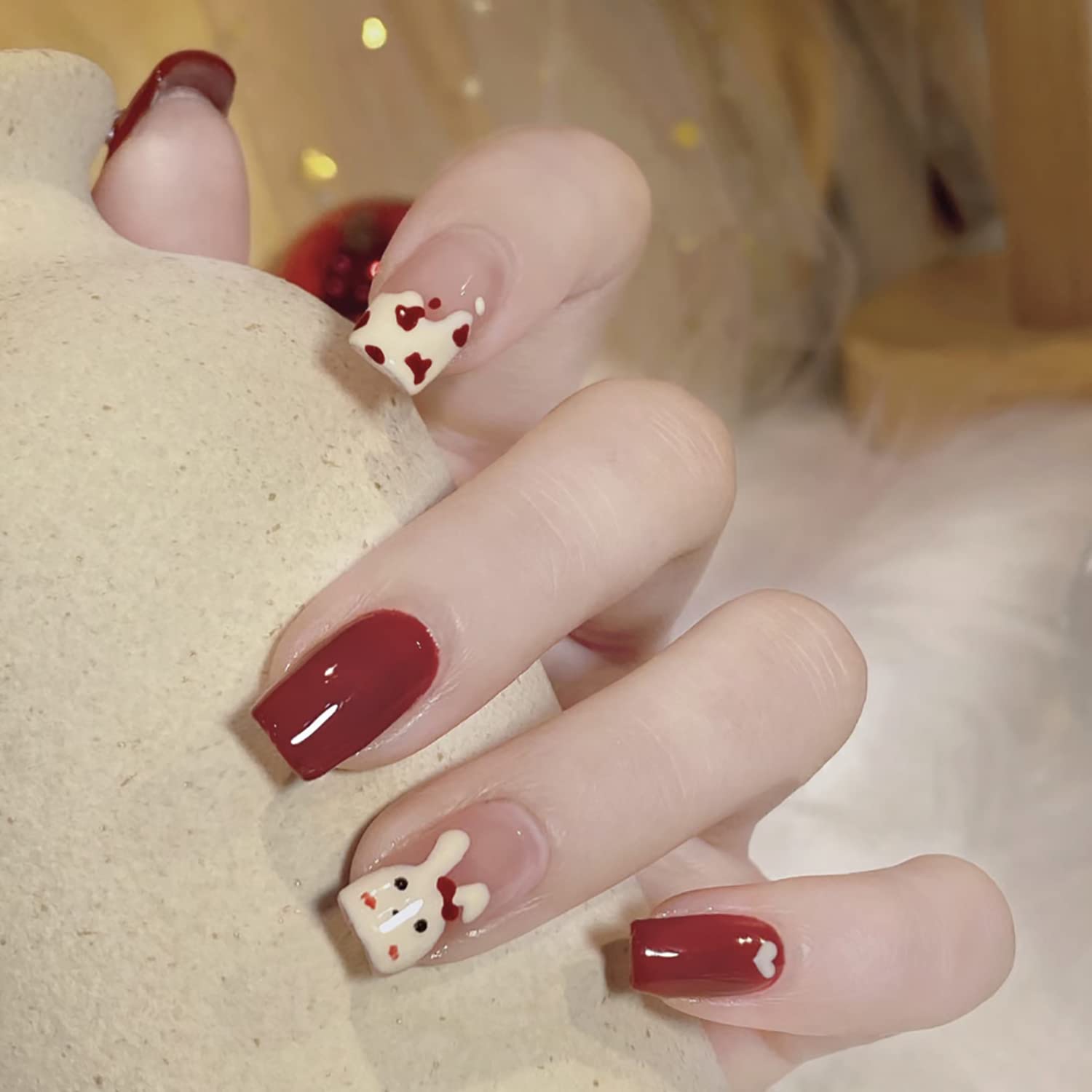 Square Fake Nails Easter Press on Nails Short Red Cute Rabbit