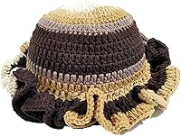 AMOFIA Women's Crochet Ruffle Bucket Hat - Handmade Knit Winter Beanie, Warm Stretchy One Size Fits All