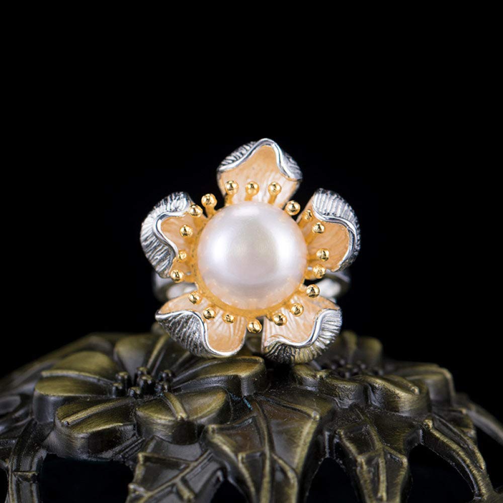 HGJH Anelli d'Argento,S925 Sterling Silver Fiore Stami Anello di Perle Anelli Regolabili Etnico retrò Anello Aperto Argento Eternity Ring Fascino di Nozze Gioielli Regali per Ragazze Signore