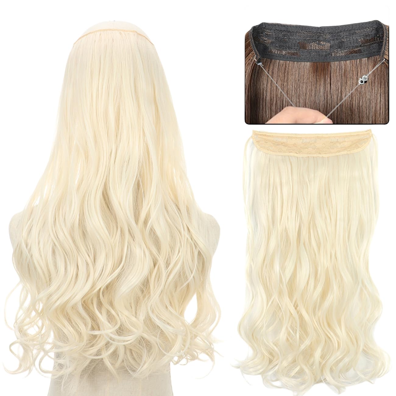 prinfantasy Hair Pieces Hair Extension Long 22 inches Resistant Fiber Soft Platinum Blonde Hair Fiber Line Metal buckle Adjustable Invisible Wavy Hairpieces for Women MW235 - Image 3