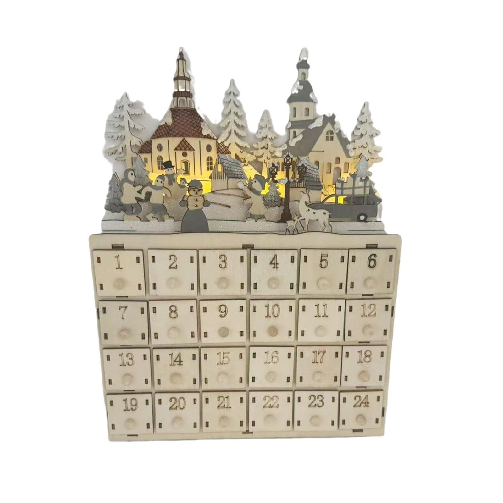 Calendario de Adviento con luz LED de madera con 24 cajones, calendario de cuenta regresiva para decoración de escritorio, decoración única de Navidad