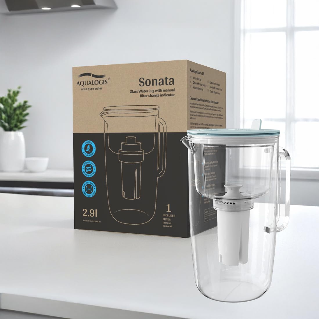 Aqualogis Sonata 2.9L Caraffa Filtrante in Vetro Borosilicato - Include 1 Cartuccia UniX - Celeste - Riduce Calcare, Cloro e Odori - Design Elegante e Moderno