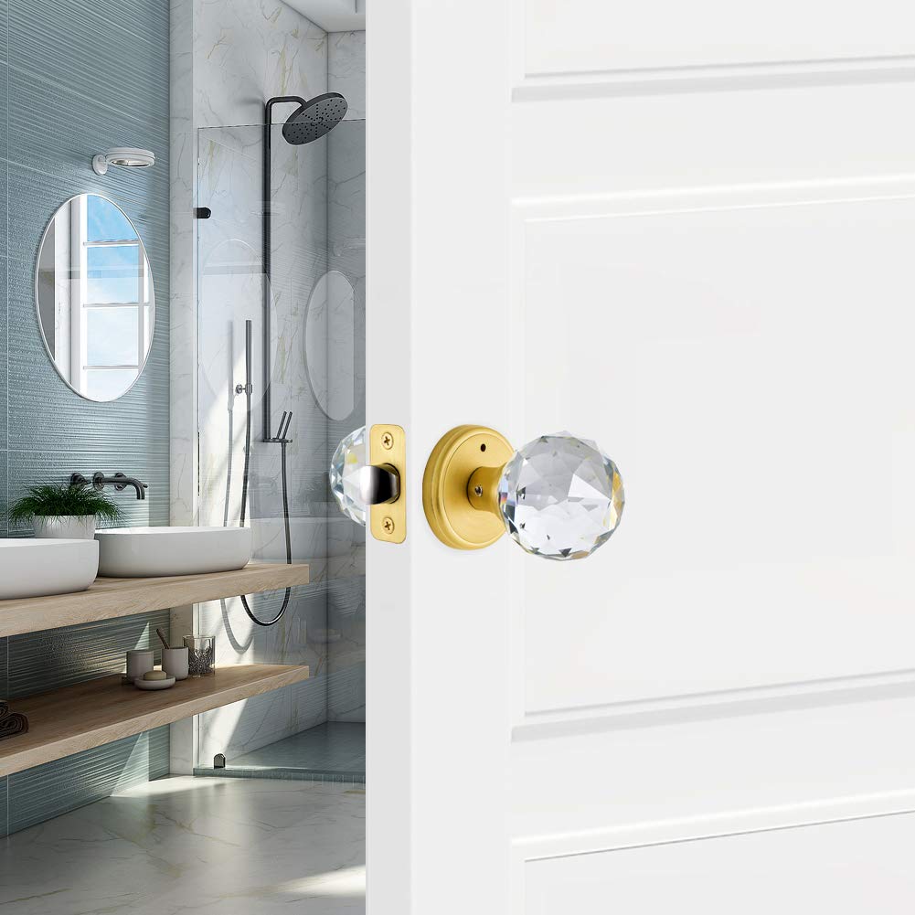 CLCTK Crystal Glass Door Knobs Interior with Lock, Privacy Bathroom Bedroom Door Knobs Gold Door Knob, Satin Brass