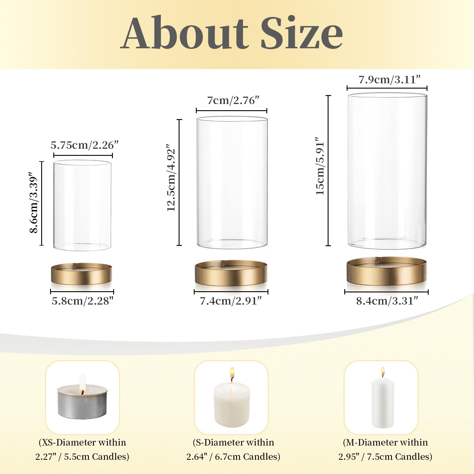 Hewory Hurricane Candle Holder Gold : Lot de 12 photophores en Verre pour Bougies piliers, Lanterne décorative avec Plateau en métal pour Le Salon, la Salle à Manger, la Table Centrale