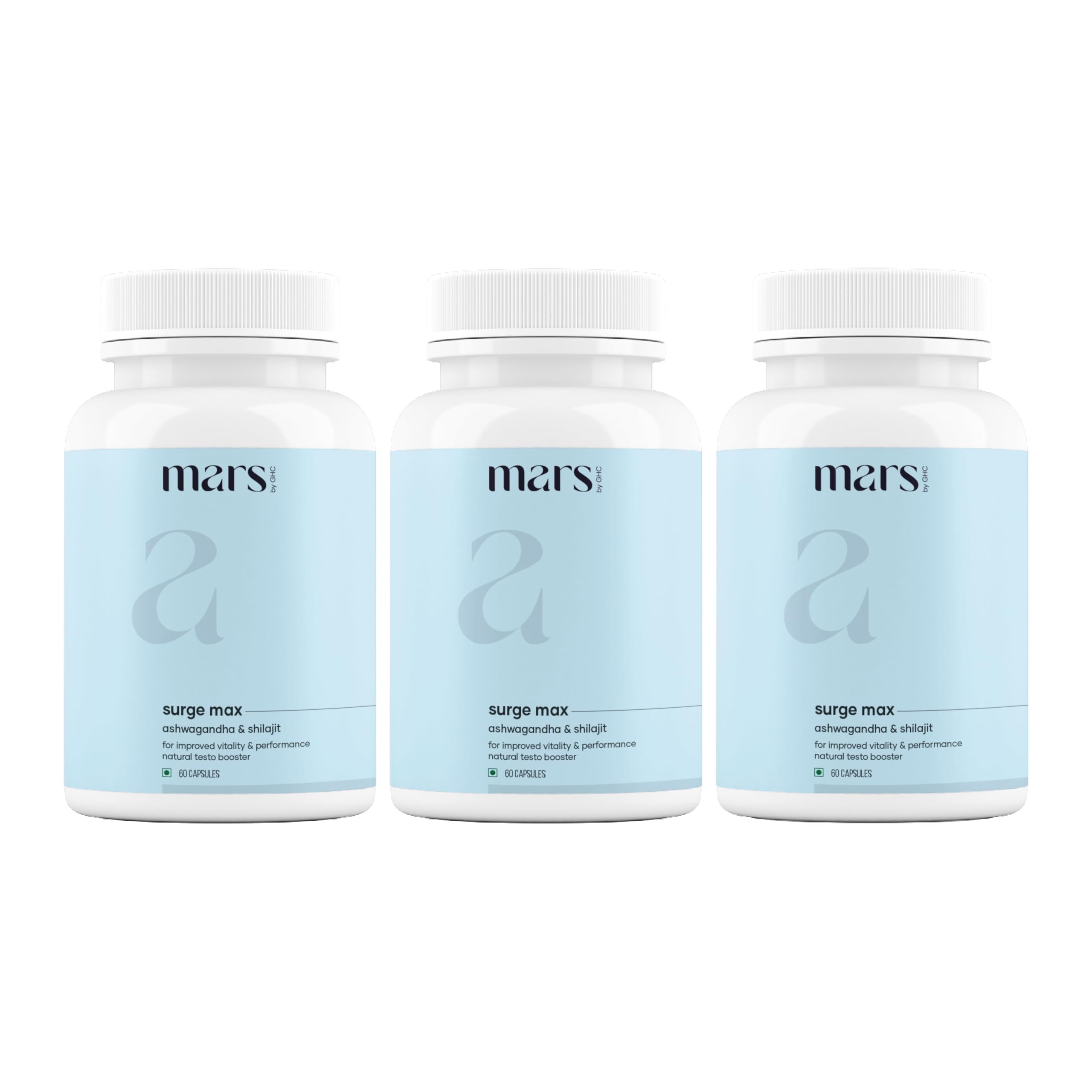 Mars Surgemax Natural Capsules with Shilajit & Safed Musli | Supports Energy, Strength & Immunity | for Active Lifestyle | 180 Capsules | Pack of 3