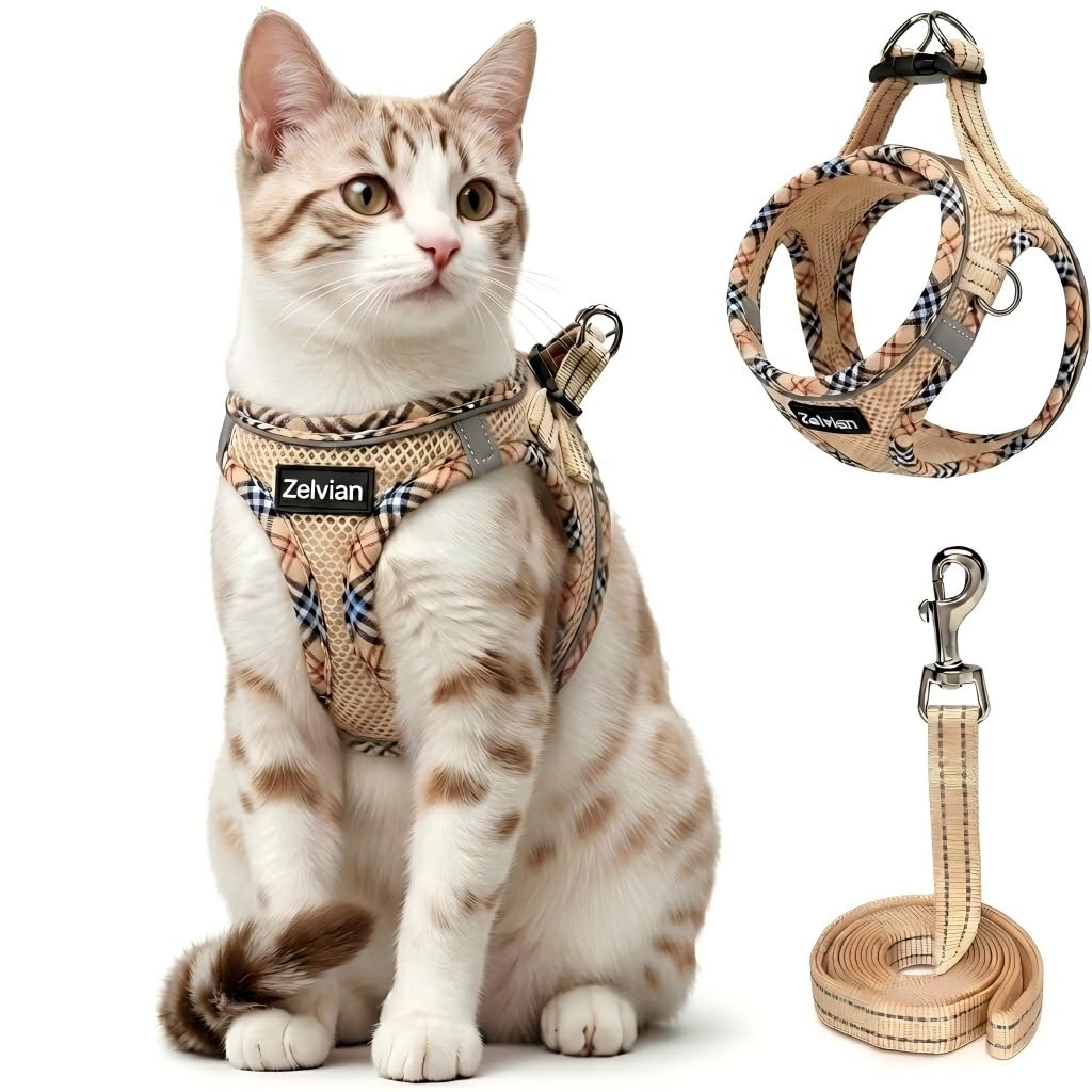 Zelvian Cat Harness and Lead Set for Outdoor Walking, Escape Proof Cat Harnesses with Dual D-Rings and Safe Leash, Soft Adjustable Reflective Mesh Kitten Harness for Small Cat & Puppy (Beige, XXS)