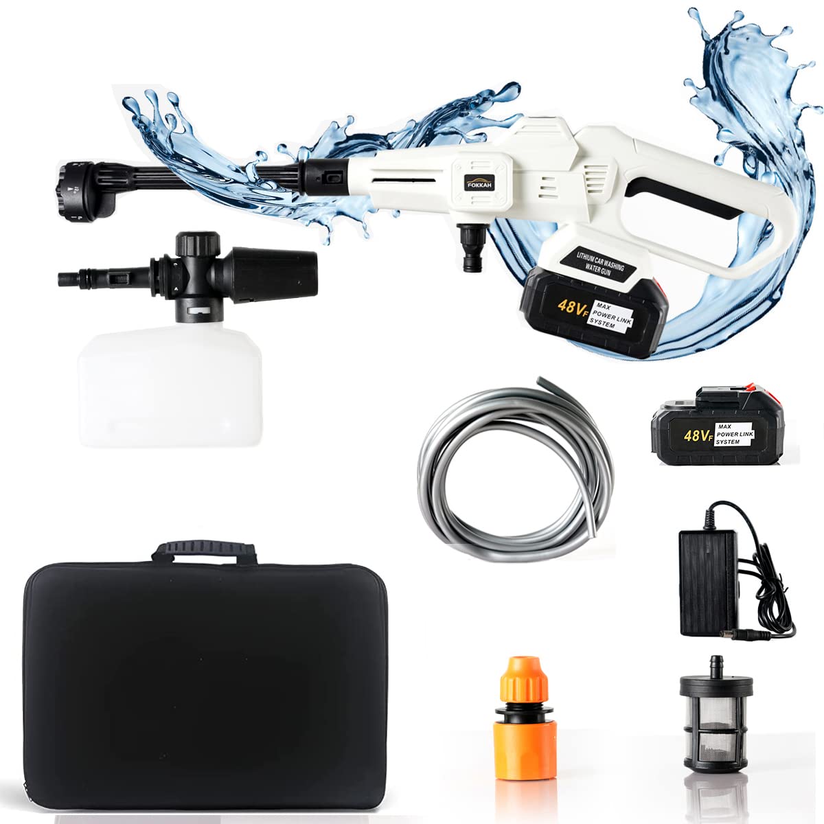 FOKKAH 6 in 1 Multi-function Sprinkler Car Pressure Washer,Max 950 PSI Household Cordless High Pressure Cleaning Tool,Portable Vehicle Cleaning Machine Washer,with 2pcs Large Capacity Battery (White)