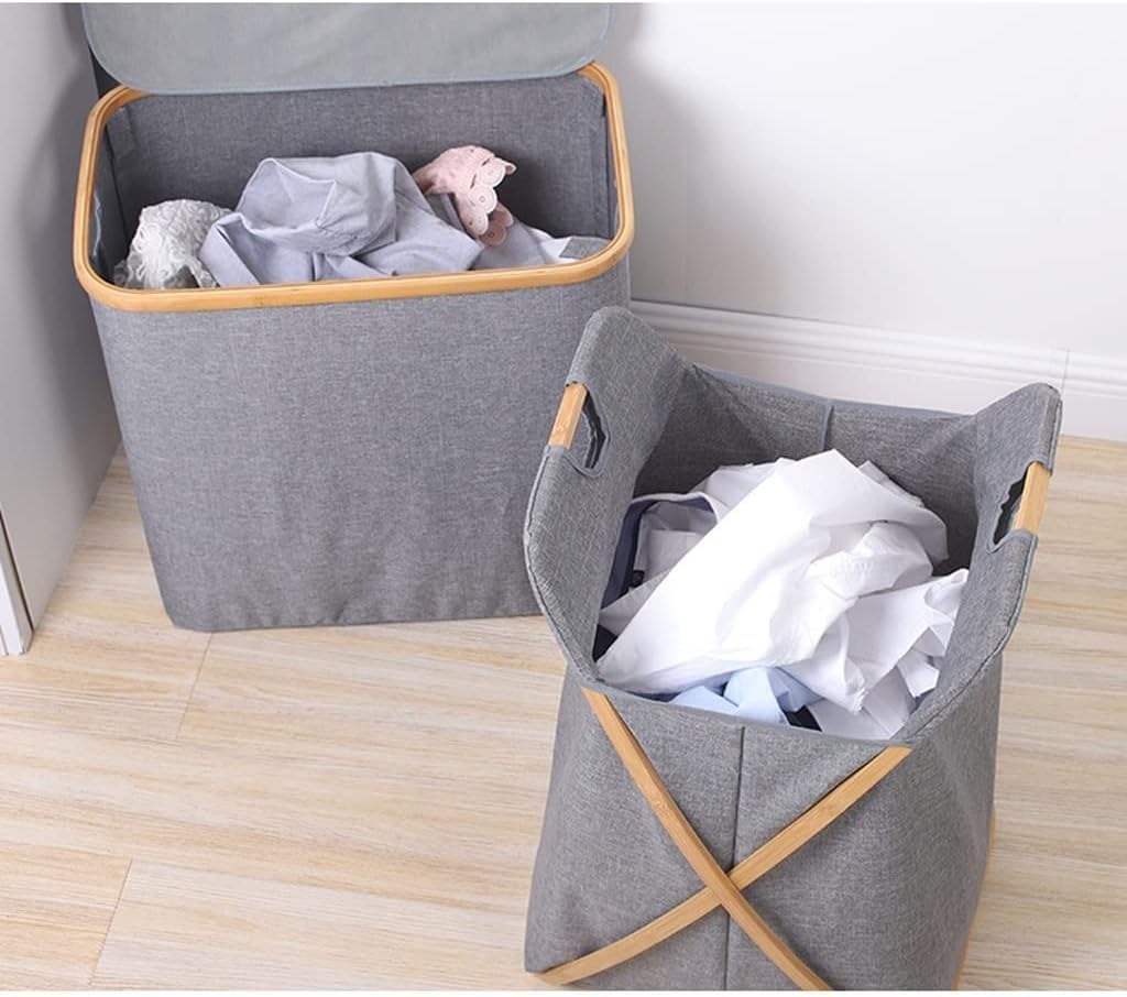 Cesto para la Colada Plegable con 2 Asas y Tapa, Cesta para la Colada de Tela de Nailon para Ropa Sucia, Mantas, Almacenamiento de Juguetes, Marco Tipo X de Madera de bambú, Gris