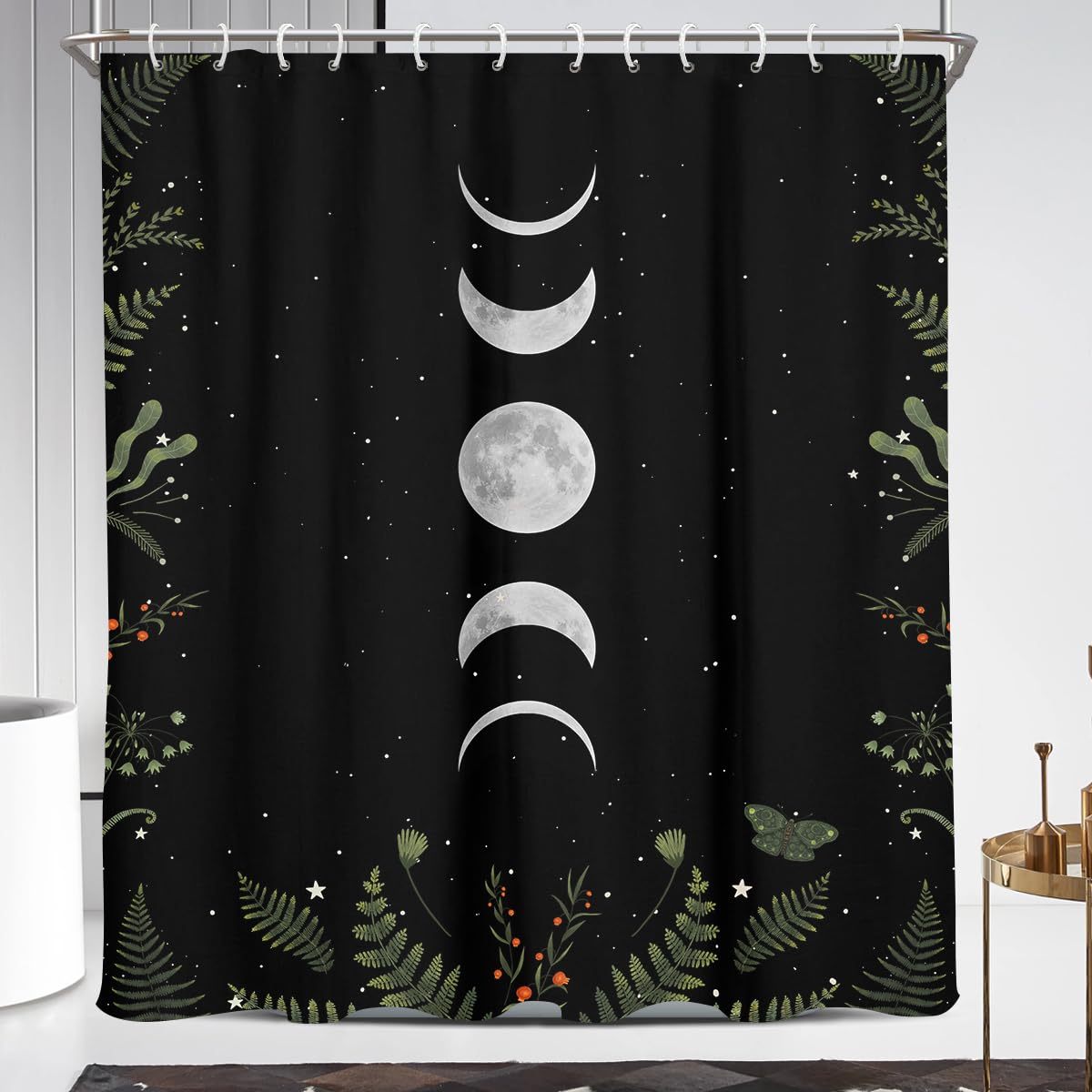 Coxila Moon Phase Shower Curtain Long Moonlit Goth Gothic Witch Witchy White Mysticism Celestial with Red Floral Plants Leaves Design Bathroom 72x84