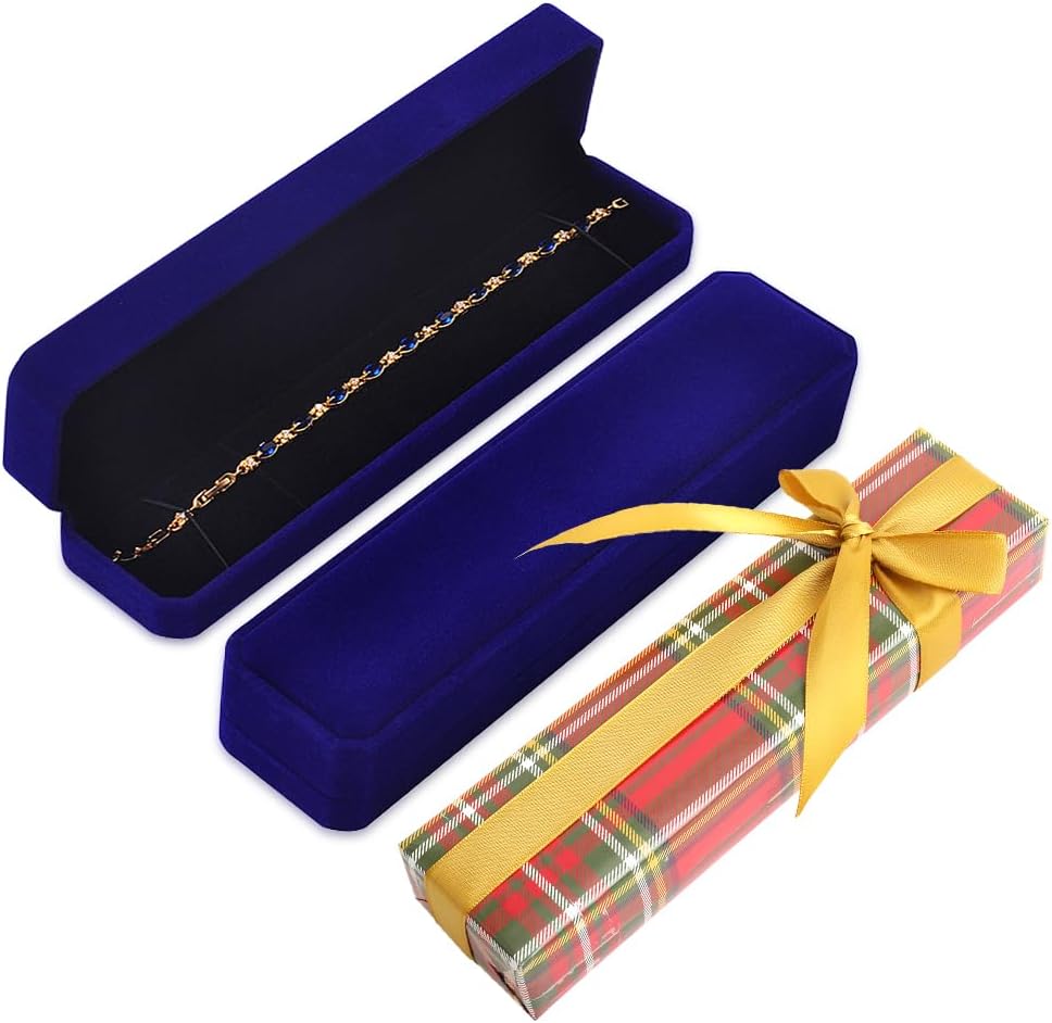 iSuperb Set of 2 Blue Velvet Necklace Chain Bracelet Display Case Storage Jewelry Gift Box 8.7x1.6x2inch in Christmas Gift Box