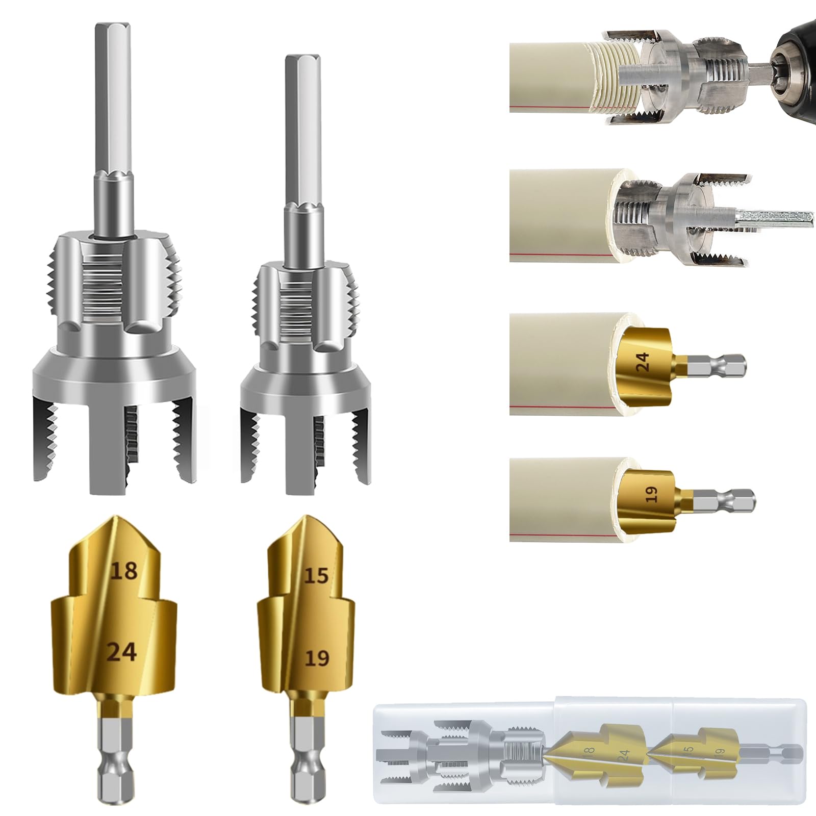 New PPR Pipe Threader and Reaming Tool Kit - Rethreading Tool Kit, Electric Drill Style Threading Tool for 1/2“(DN15) 3/4“(DN20) PVC Pipe with Reaming Bit Set Great Diy Gift for Men