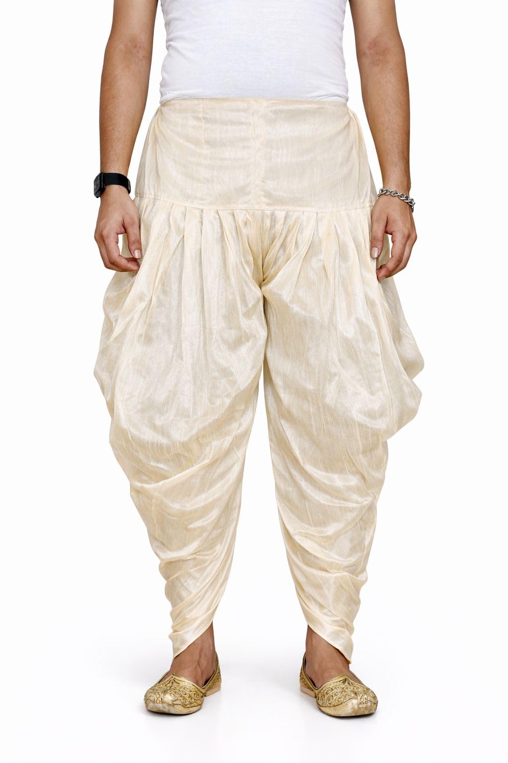 Men’s Dhoti Style Patiala Pants – Dupion Silk, White, Free Size, Ready to Wear (GC011A-011D)-image-1