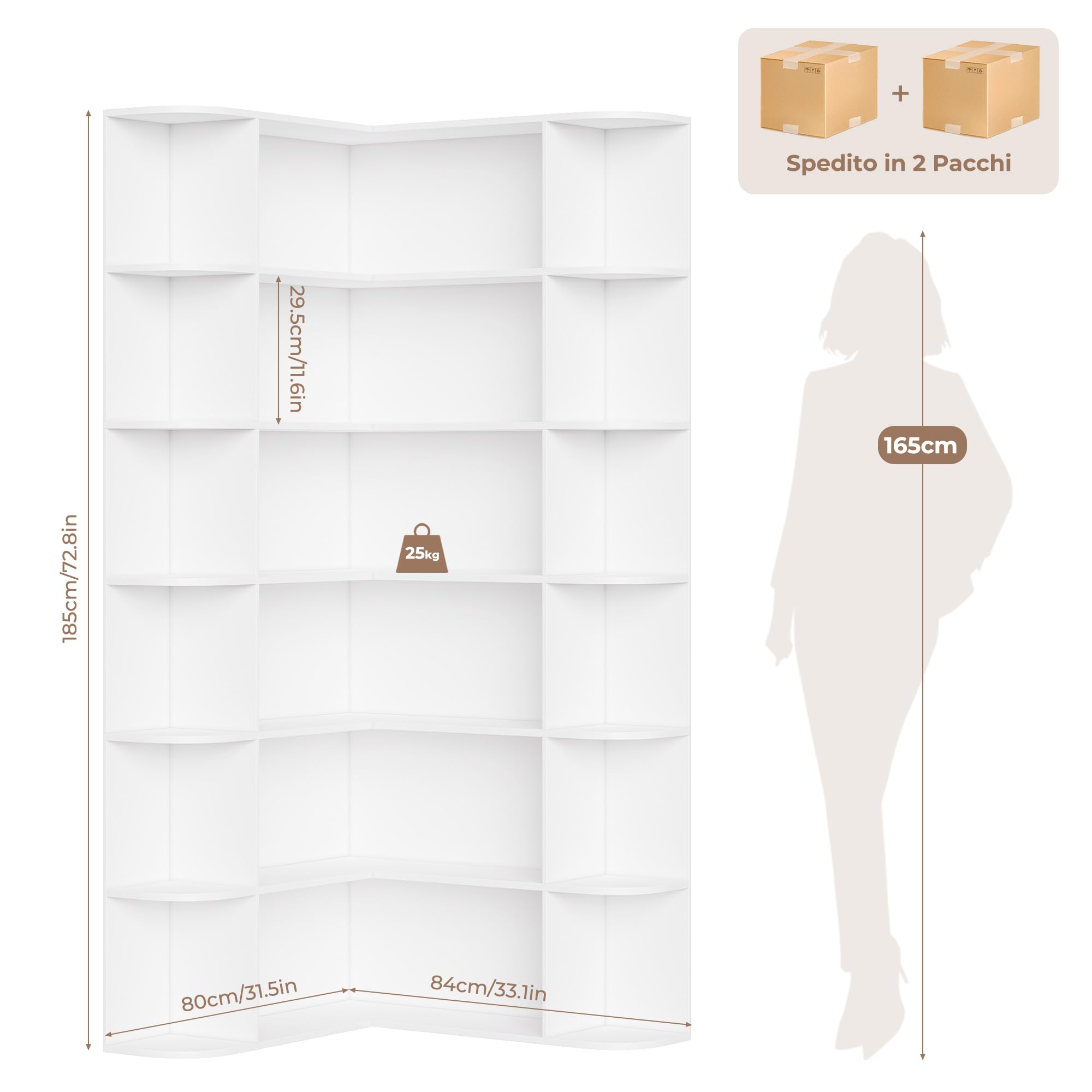 FirFurd 185cm Libreria Angolare, Libreria da Parete a 6 Ripiani, Mobile Angolare Soggiorno Salvaspazio a Forma di L, Vetrina con 18 Scomparti, per Studio, Soggiorno, Cucina, 80x84x185 cm (Bianco)