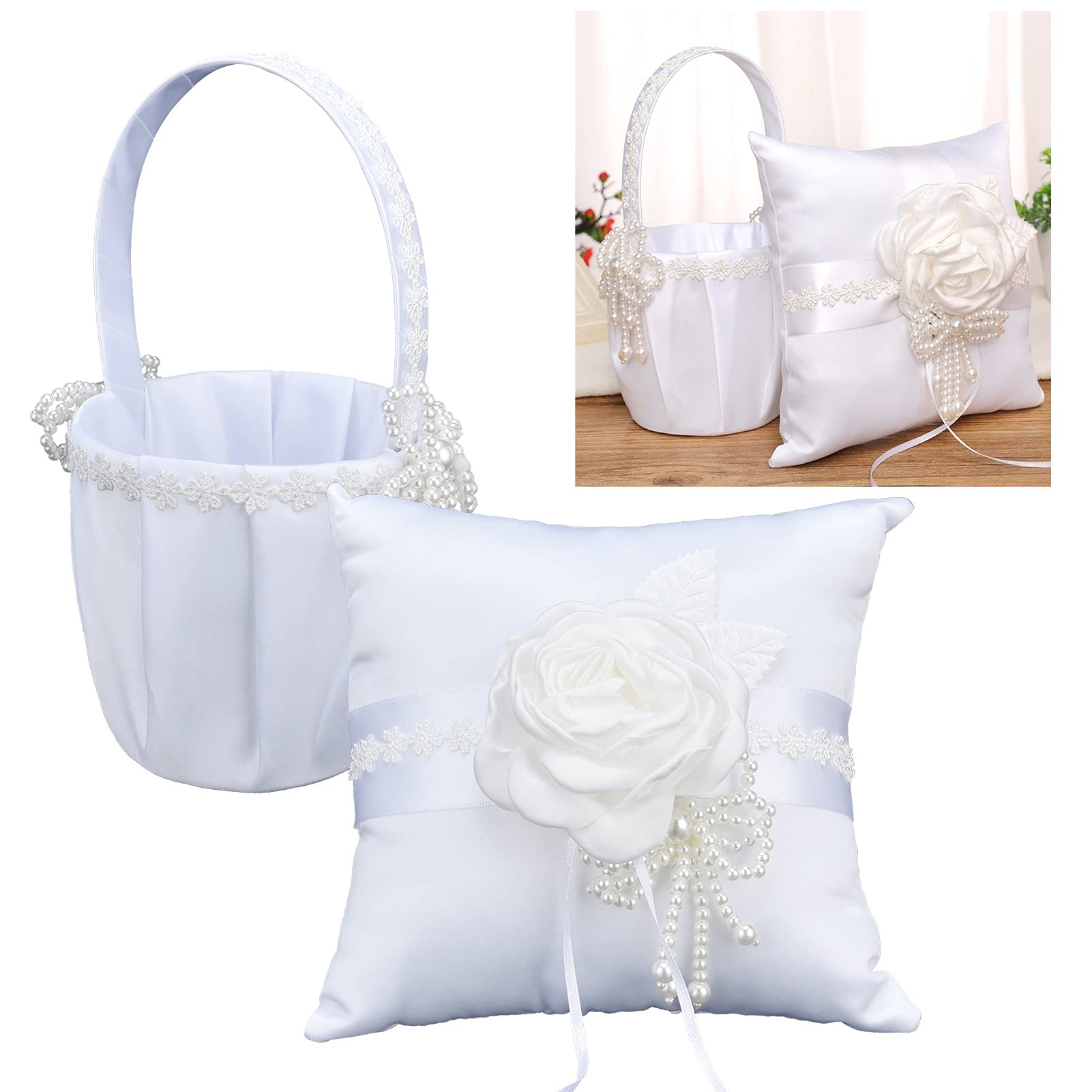 Meiyya Wedding Flower Basket, Girl Baskets with Satin Bowknot Artificial Pearl, Flower Basket Pillow Set for Holding Candies, Small Gifts, and Confetti Cards-picture-2