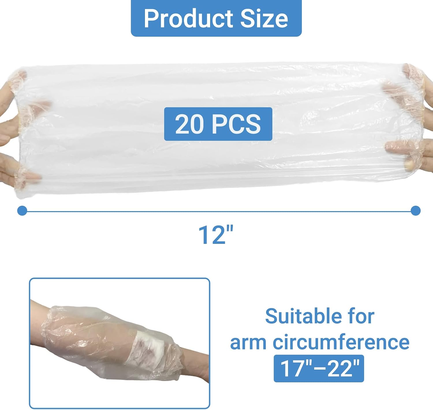 Disposable PICC Line Shower Cover with Tape, Waterproof Arm Bandage Wound Protector Sleeve for Bathing, Fits Arm Circumference 17" 22", 20 Pack