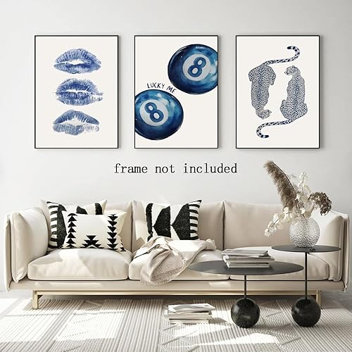 Miniatura 7 de Juego de arte de lienzo azul marino para pared, póster retro de 8 bolas, estampado de guepardo azul, impresión de labios de beso, impresiones