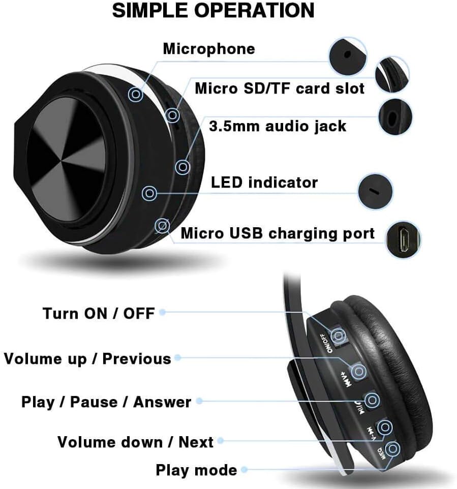 Wireless Headset with Mic, Foldable Bluetooth Headphone with 3.5mm Audio Jack, Built-in Noise Cancelling Microphone, Support for Plug-in Card, for PC, Phone(Black)