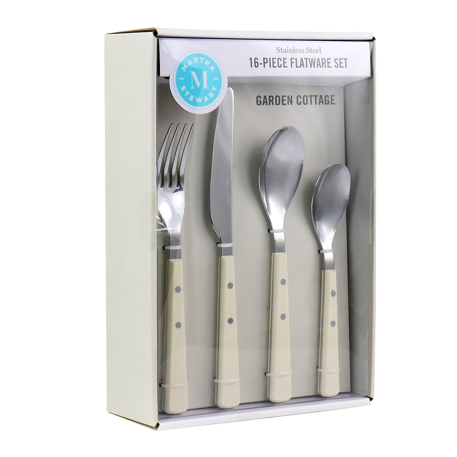 Martha Stewart Watercliffe 16 pc Flatware Silverware Set - Stainless Steel Utensils - Forks, Spoons, Knives - Service for 4 - Linen