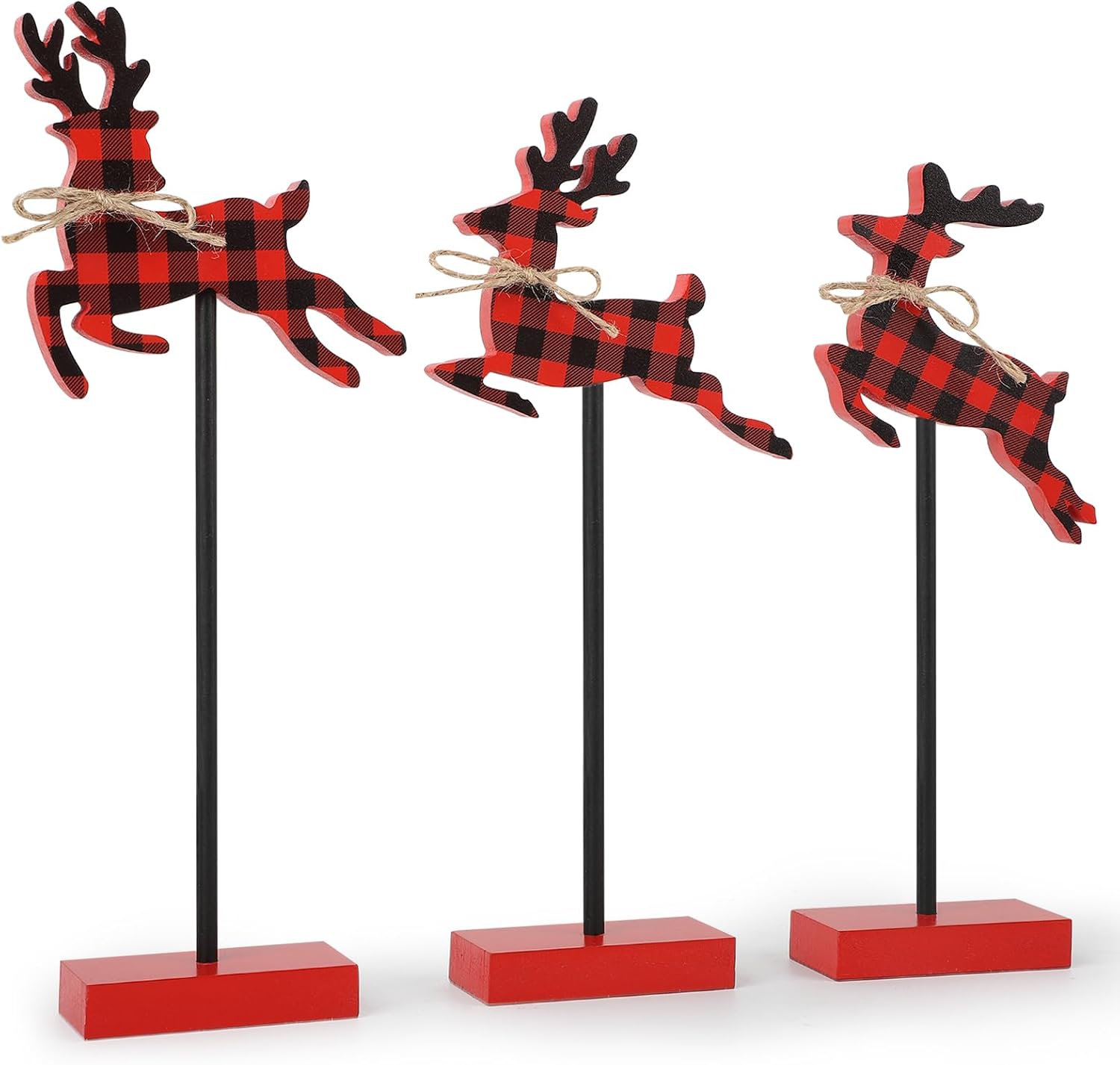 3 Pieces Christmas Table Decorations Wood Reindeer Set, Plaid Christmas Tiered Tray Decor,Rustic Christmas Reindeer Table Decorations for Home(Plaid)
