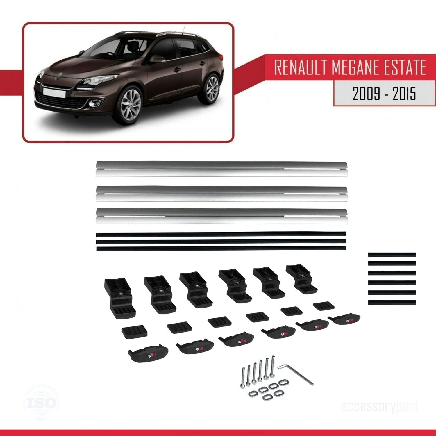 Kompatybilny z Compatible with Renault Megane 3 ST 2009-2015 BASIC Model Aluminiowy bagażnik dachowy 3 poprzeczki, szary
