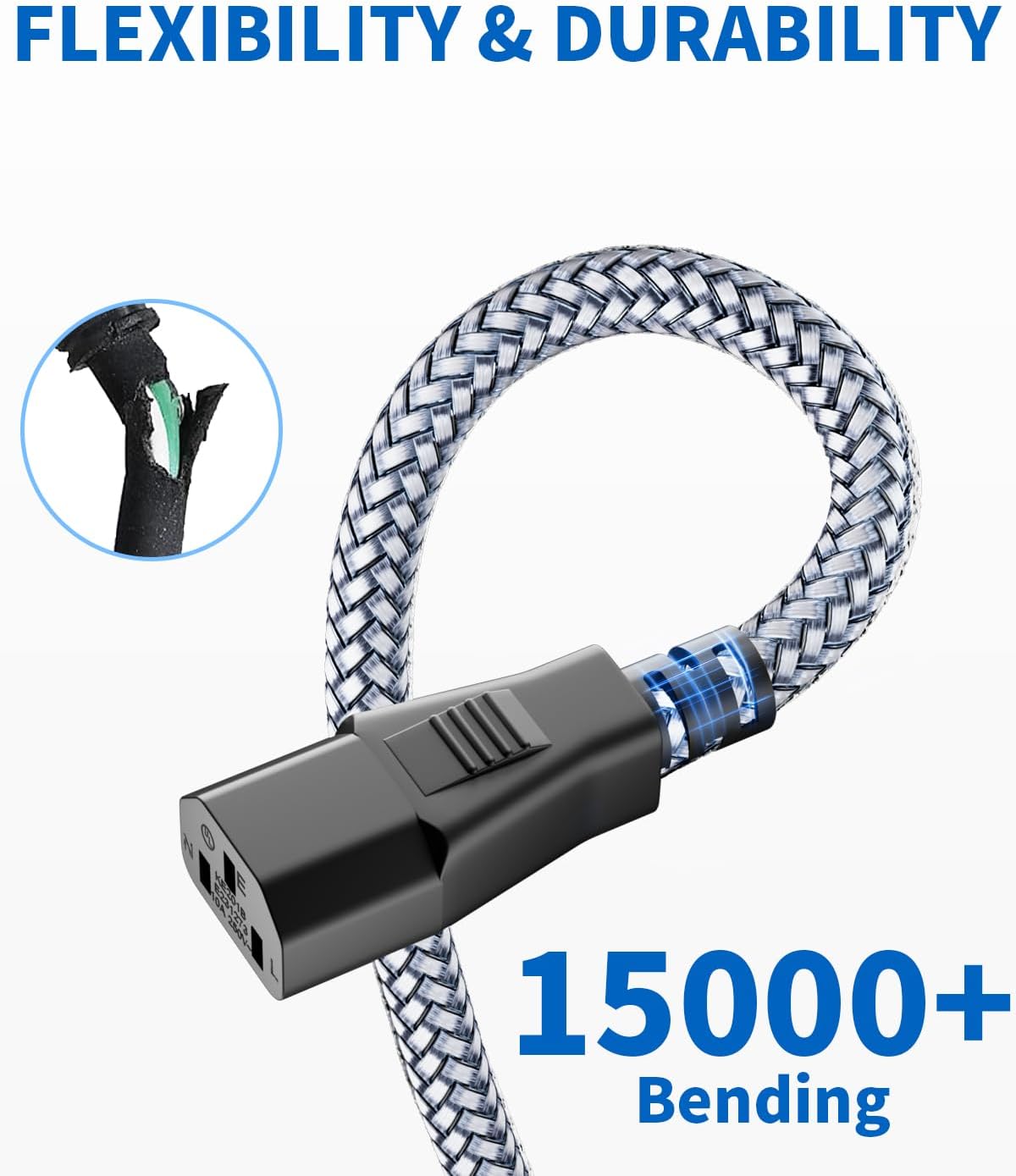 Power Cord - 3 Pin Power Cord Braided,10FT/3m AC Replacement Power Cable 3 Prong,Universal Power Cord for Monitor, PS3, Xbox-360, TV, Computer, Printer,PC and More(10A,110V-250V,18AWG)