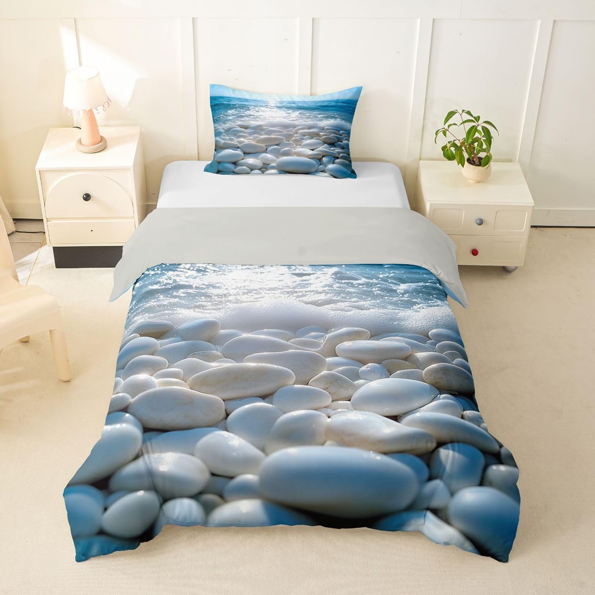 Homemissing Beach Pebble Print Duvet Cover Cot Size Coastal Stone Comforter Cover for Boys Girls Ocean Wave Bedding Set 2Pcs Room Decor