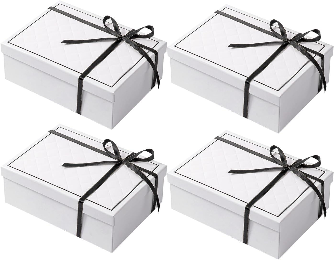 kaxilu White Gift Box Luxury With Lid & Ribbon, Foldable Gift Boxes 4 Pack 9.8x7x3.3Inches - Elegant Wedding & Birthday Packaging Gifts Box