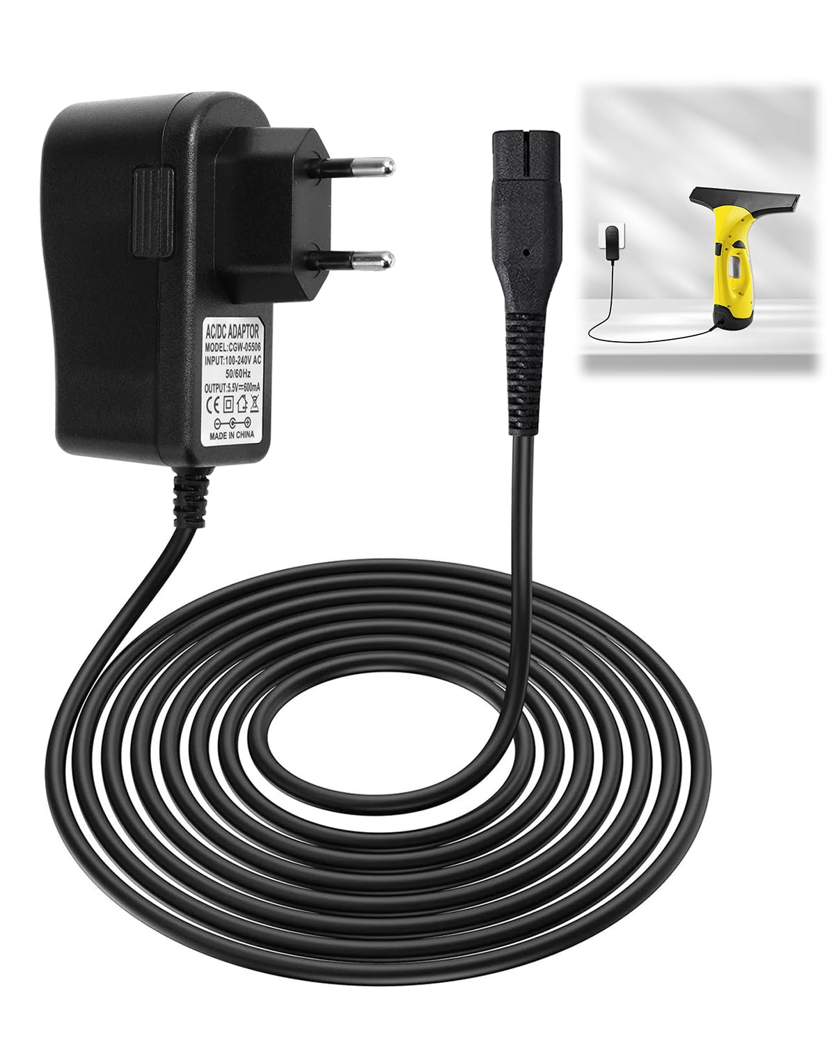 5,5V Ladegerät für Kärcher Fensterreiniger WV2, WV 2 Plus, WV1, Netzkabel für Kärcher Fenstersauger WV1 Plus, WV60, WV60 Plus, WV70, WV75, WV5, WV55,Netzteil Ladekabel Charger 1,5m/600mA