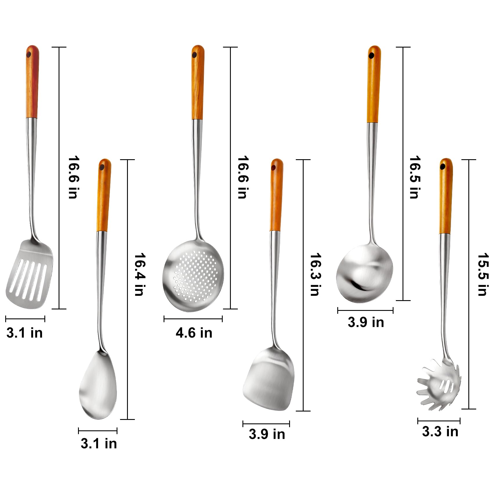 Set di 6 utensili da cucina commerciali in acciaio inox con manici in legno, set di utensili da cucina lunghi in metallo, include spatola wok, mestolo, schiumarola, spatola scanalata, cucchiaio per